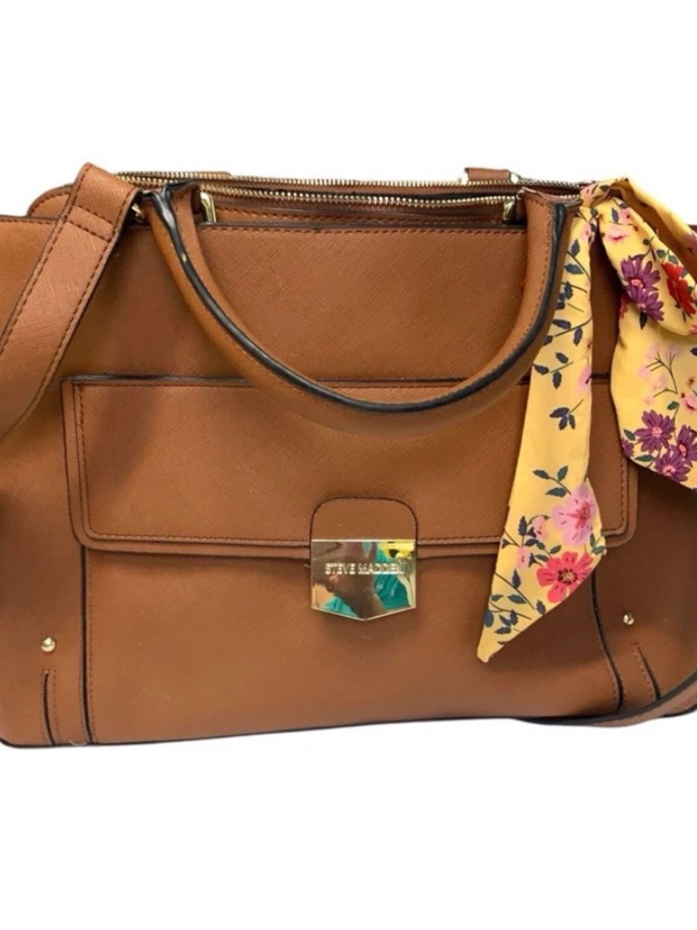 Steve Madden Large brown Leather Satchel Purse with Floral Scarf